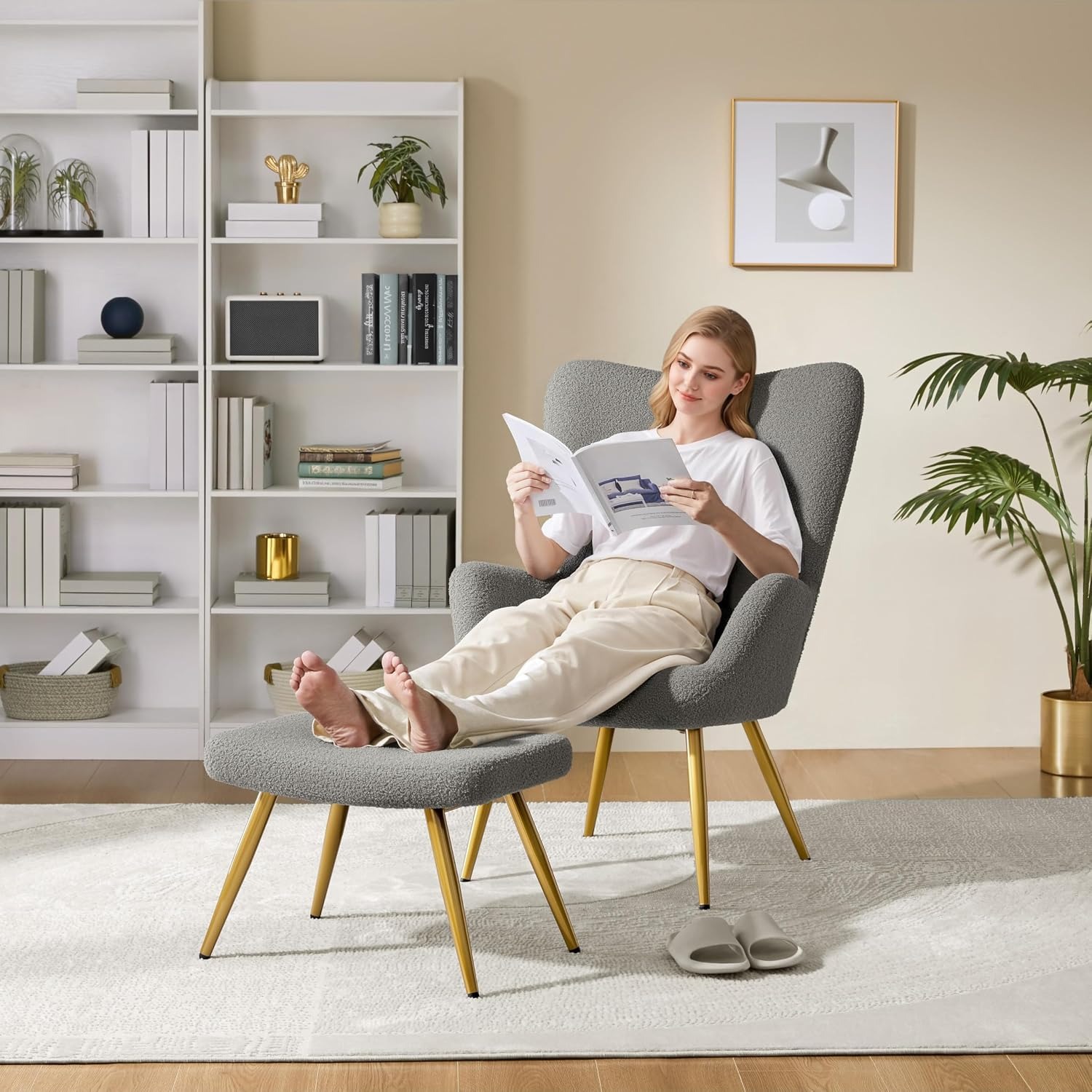 Yaheetech Boucle Reading Chair and Ottoman: image 2