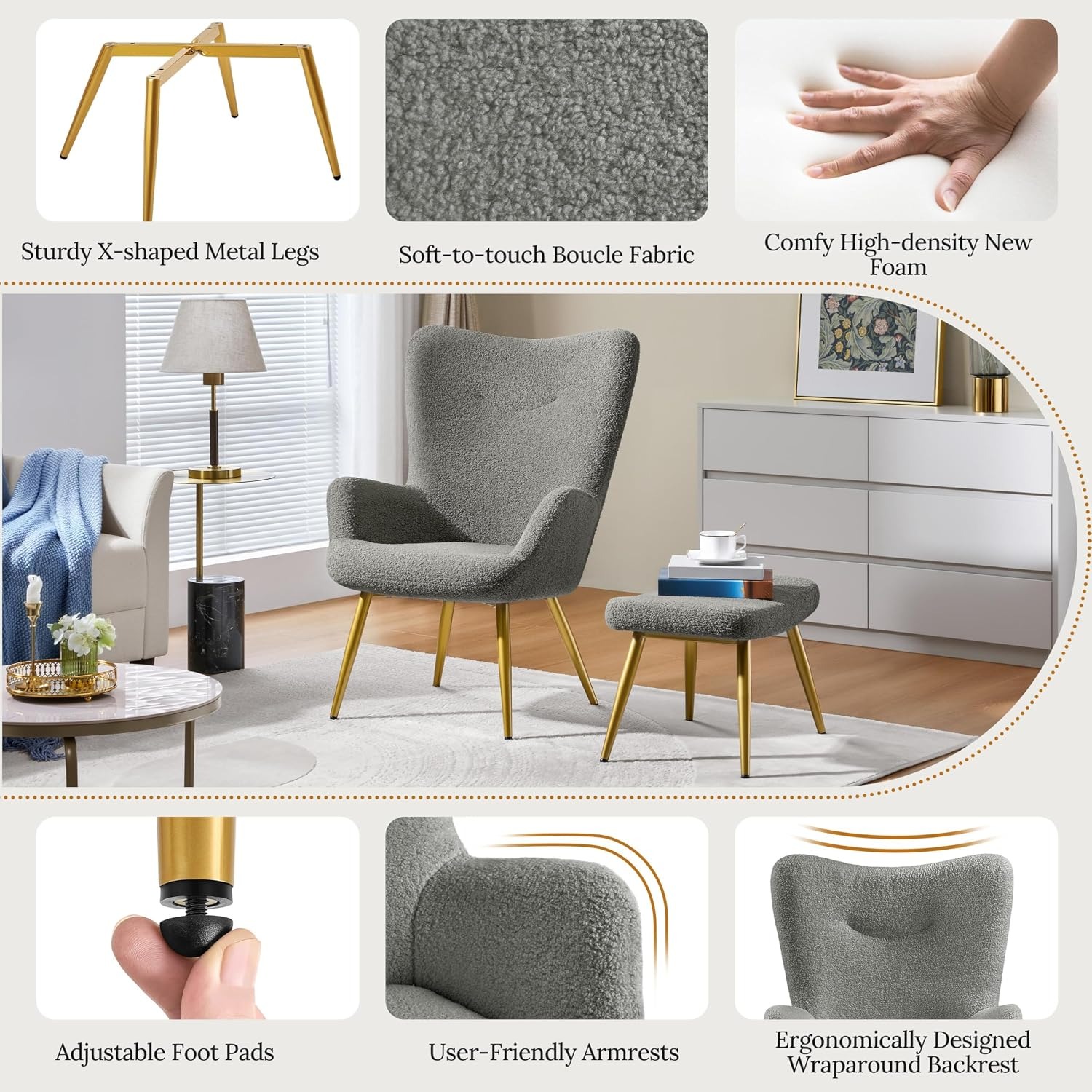 Yaheetech Boucle Reading Chair and Ottoman: image 4