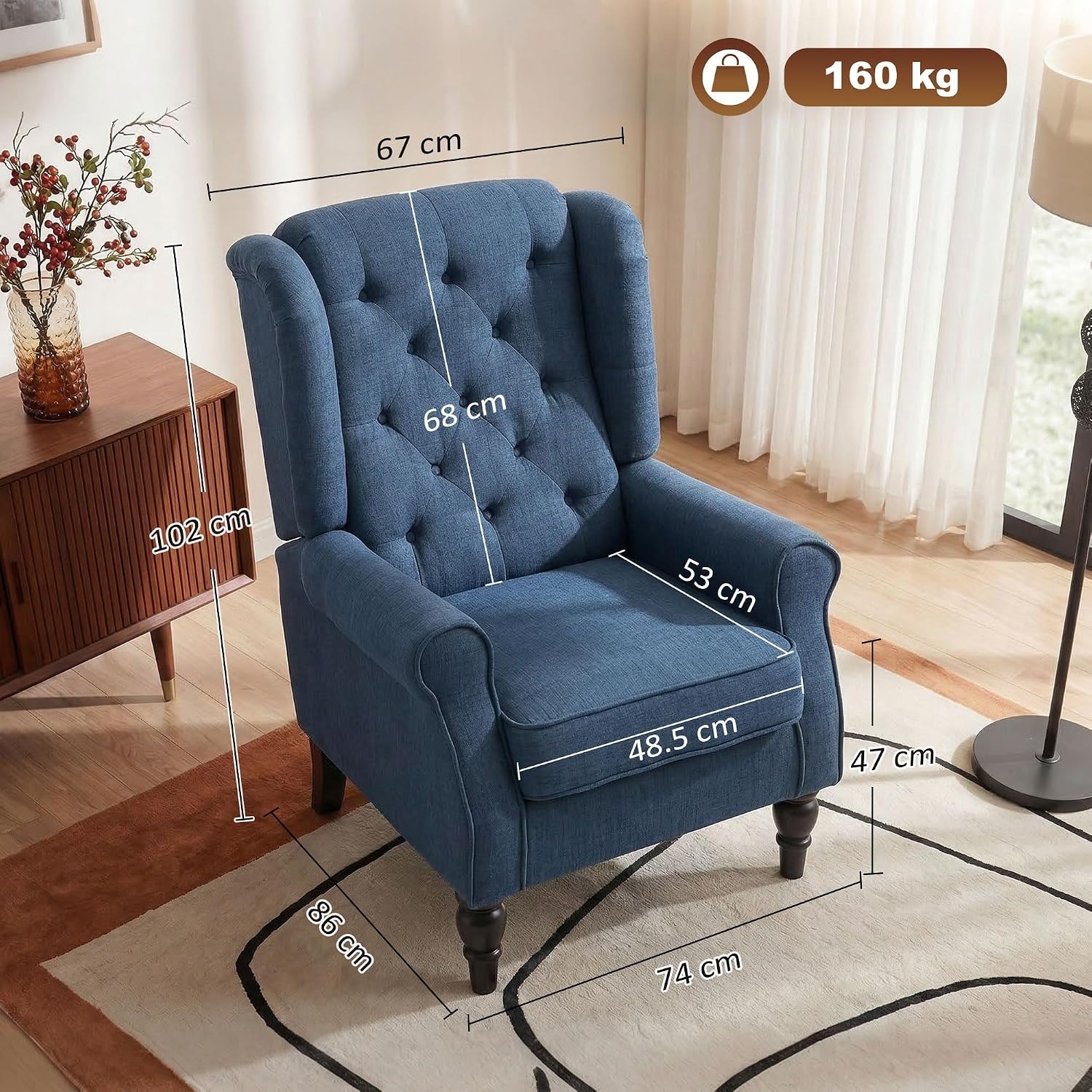 HOMCOM Blue Wingback Armchair: image 2