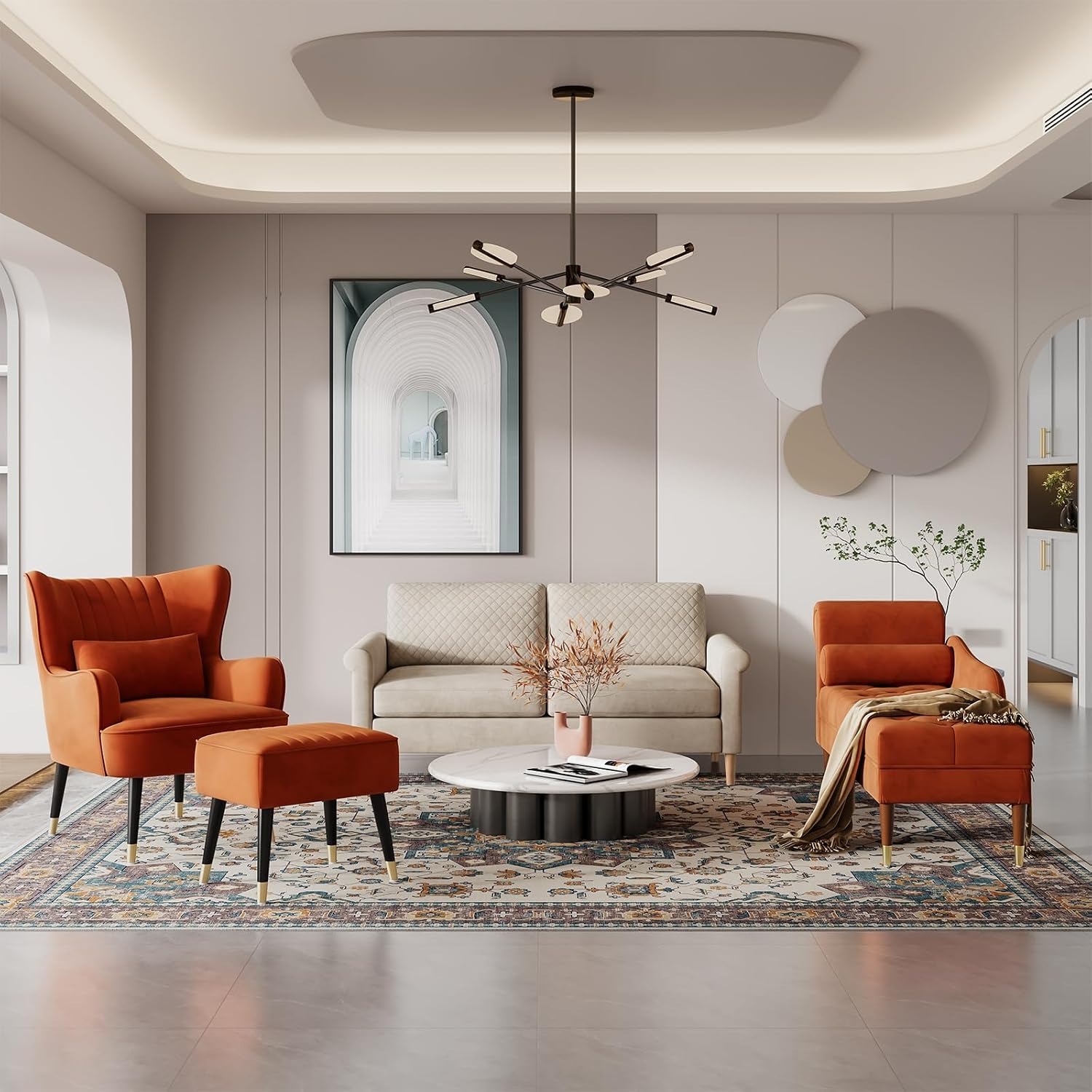 Vesgantti Orange Velvet Left Armrest Chaise Longue
