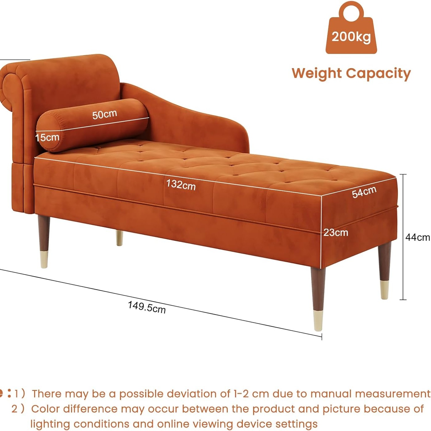 Vesgantti Orange Velvet Left Armrest Chaise Longue