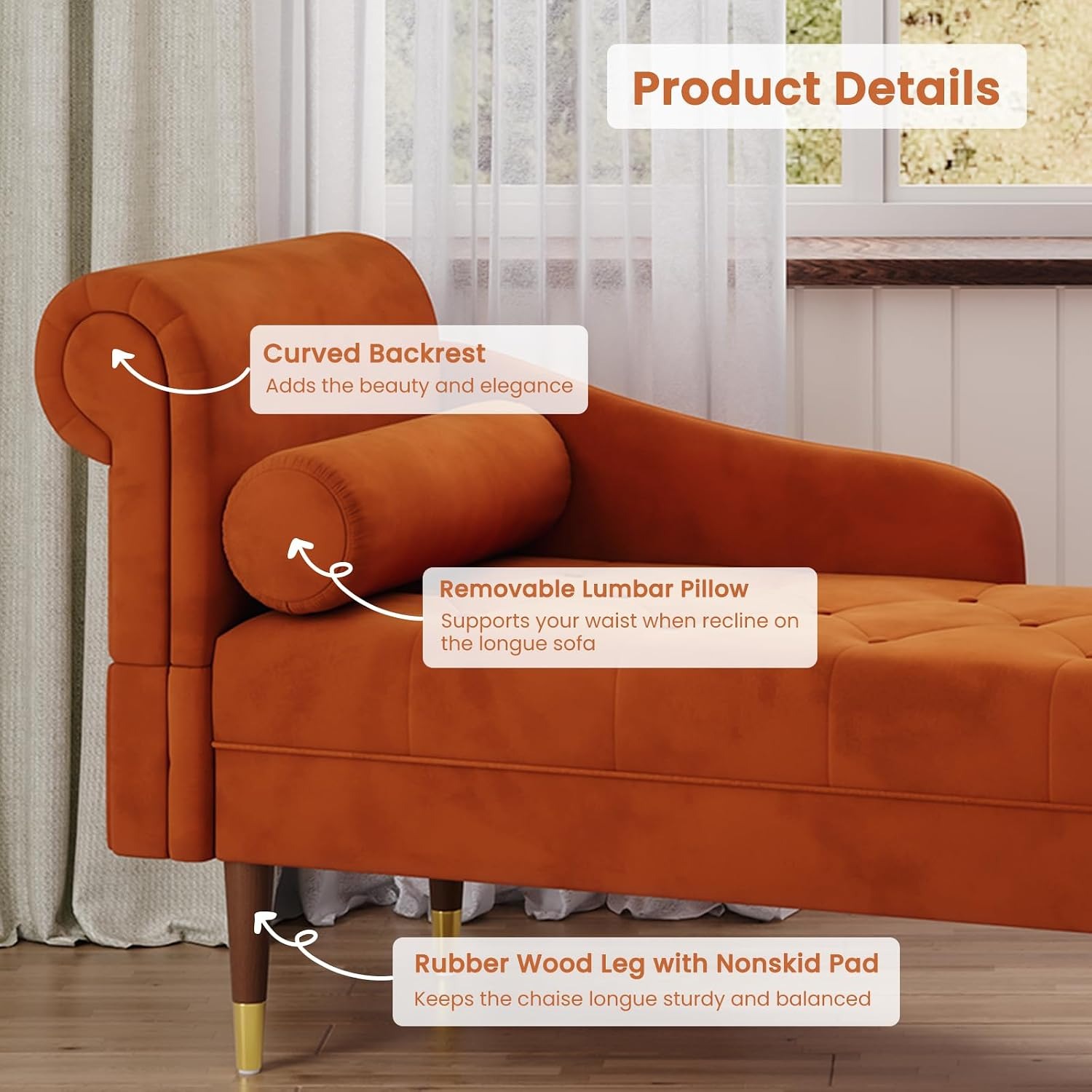 Vesgantti Orange Velvet Left Armrest Chaise Longue