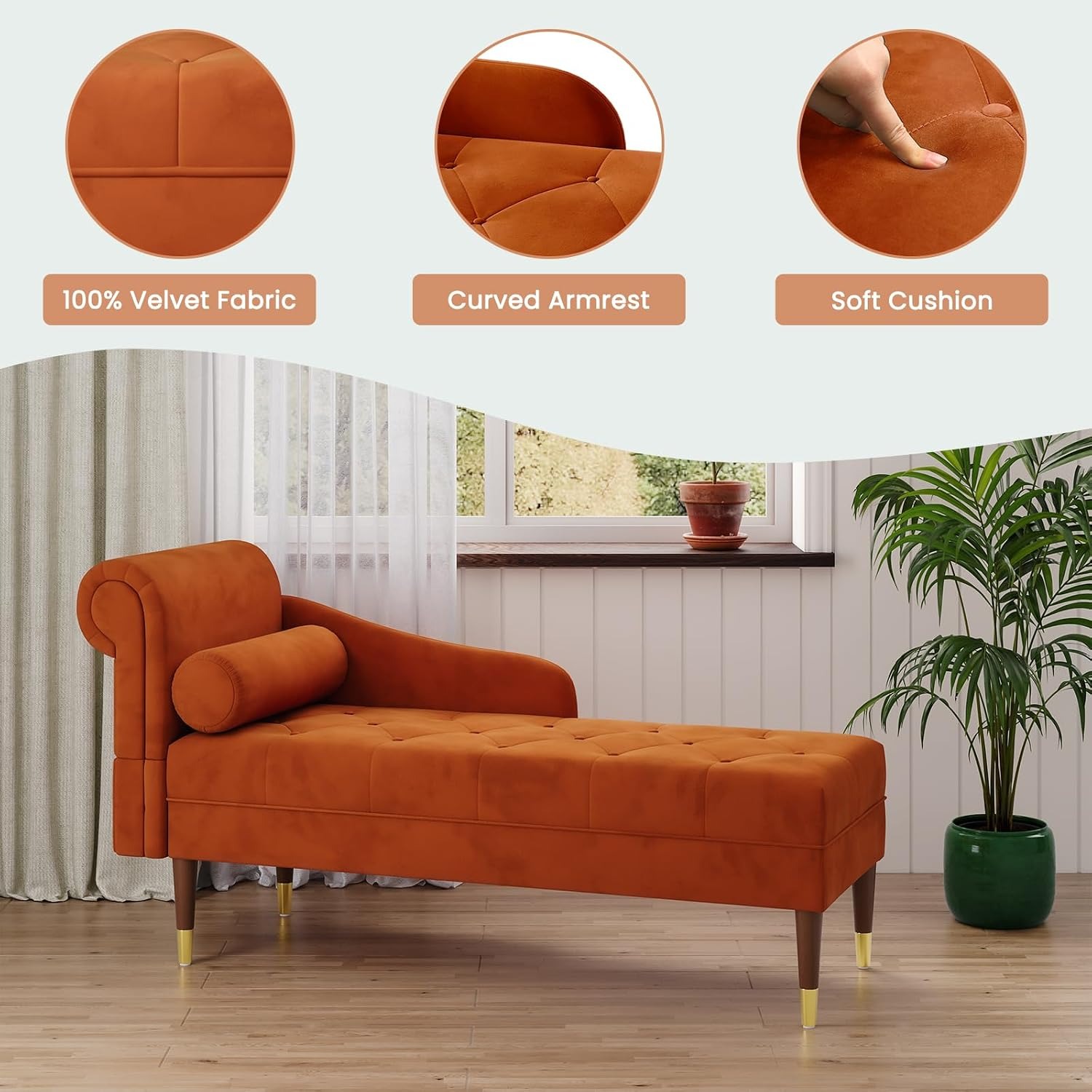 Vesgantti Orange Velvet Left Armrest Chaise Longue