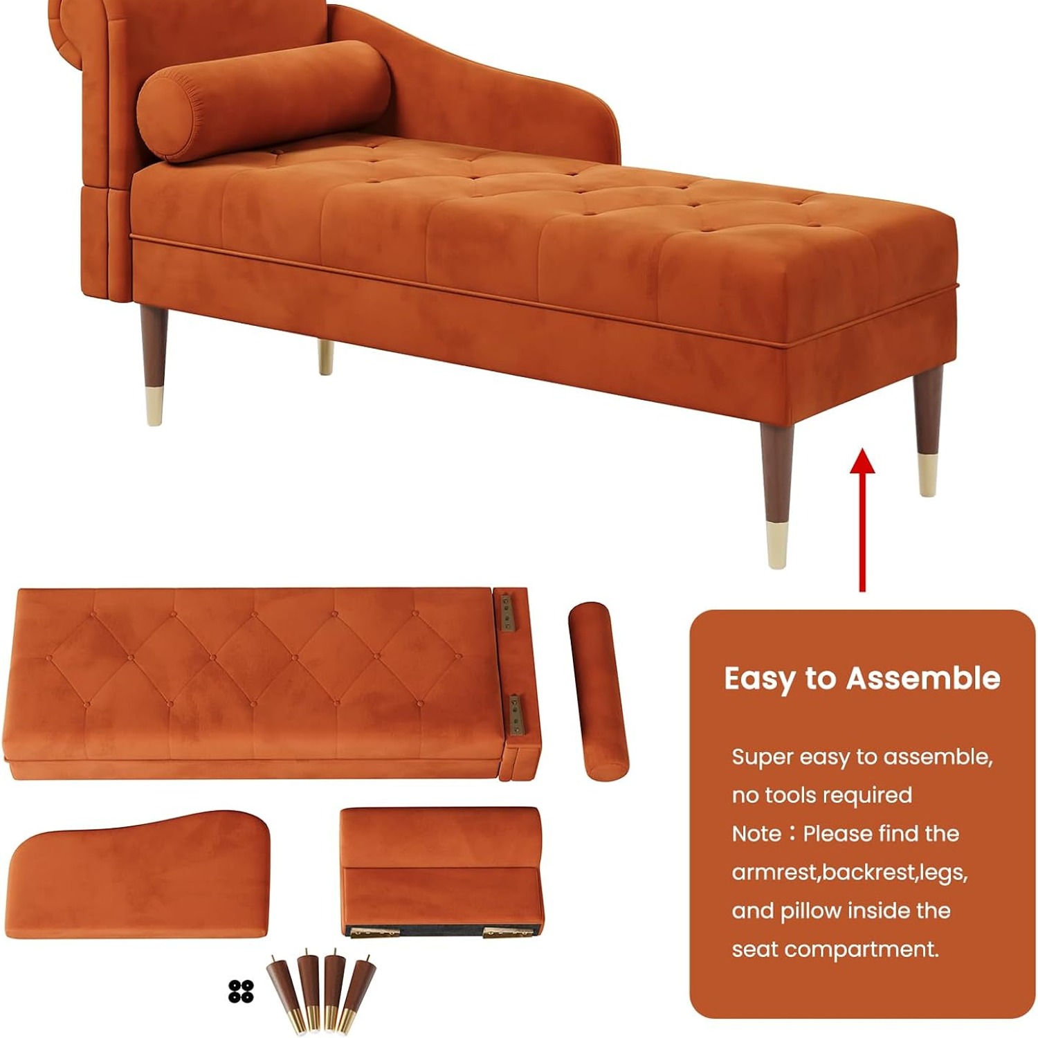 Vesgantti Orange Velvet Left Armrest Chaise Longue