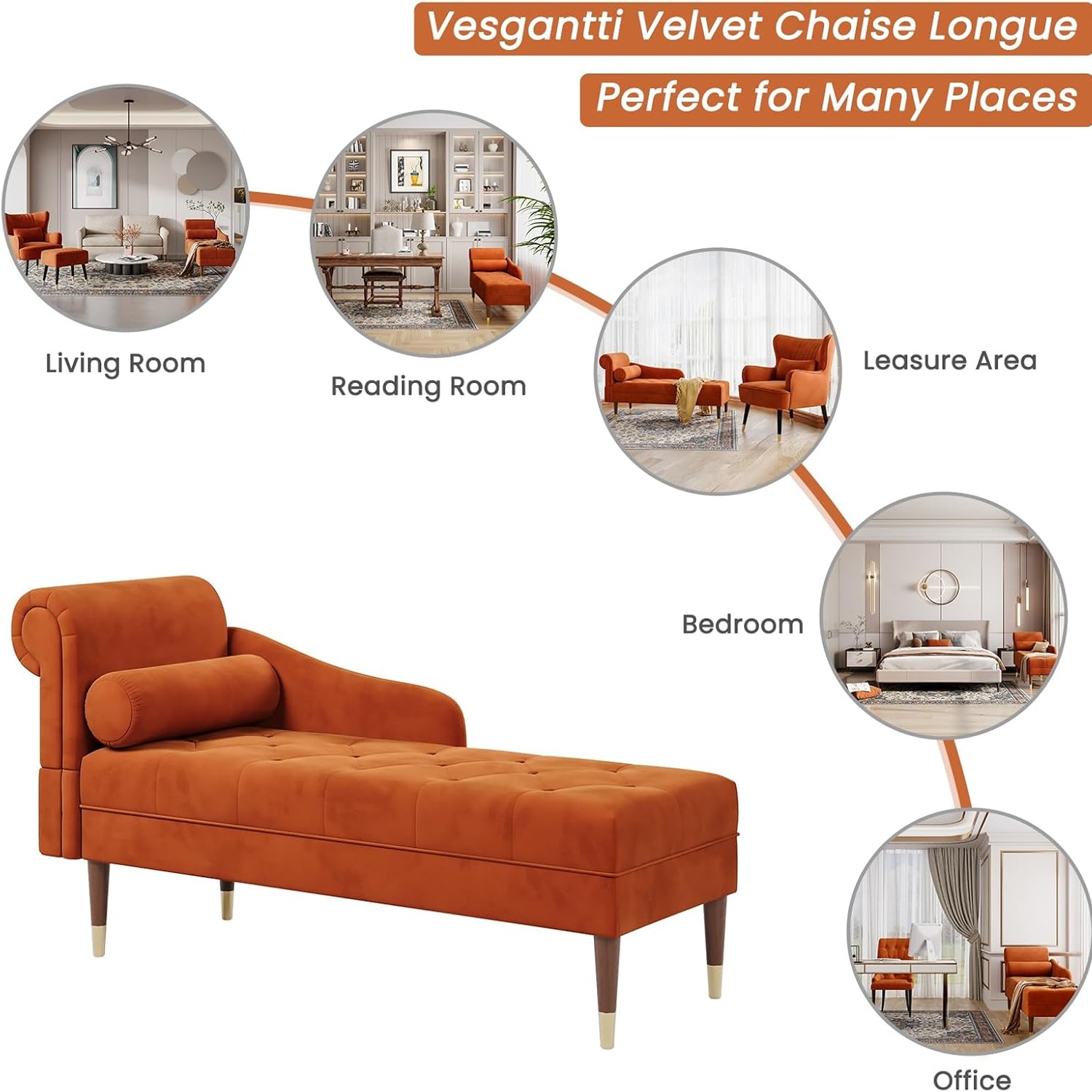 Vesgantti Orange Velvet Left Armrest Chaise Longue: image 8