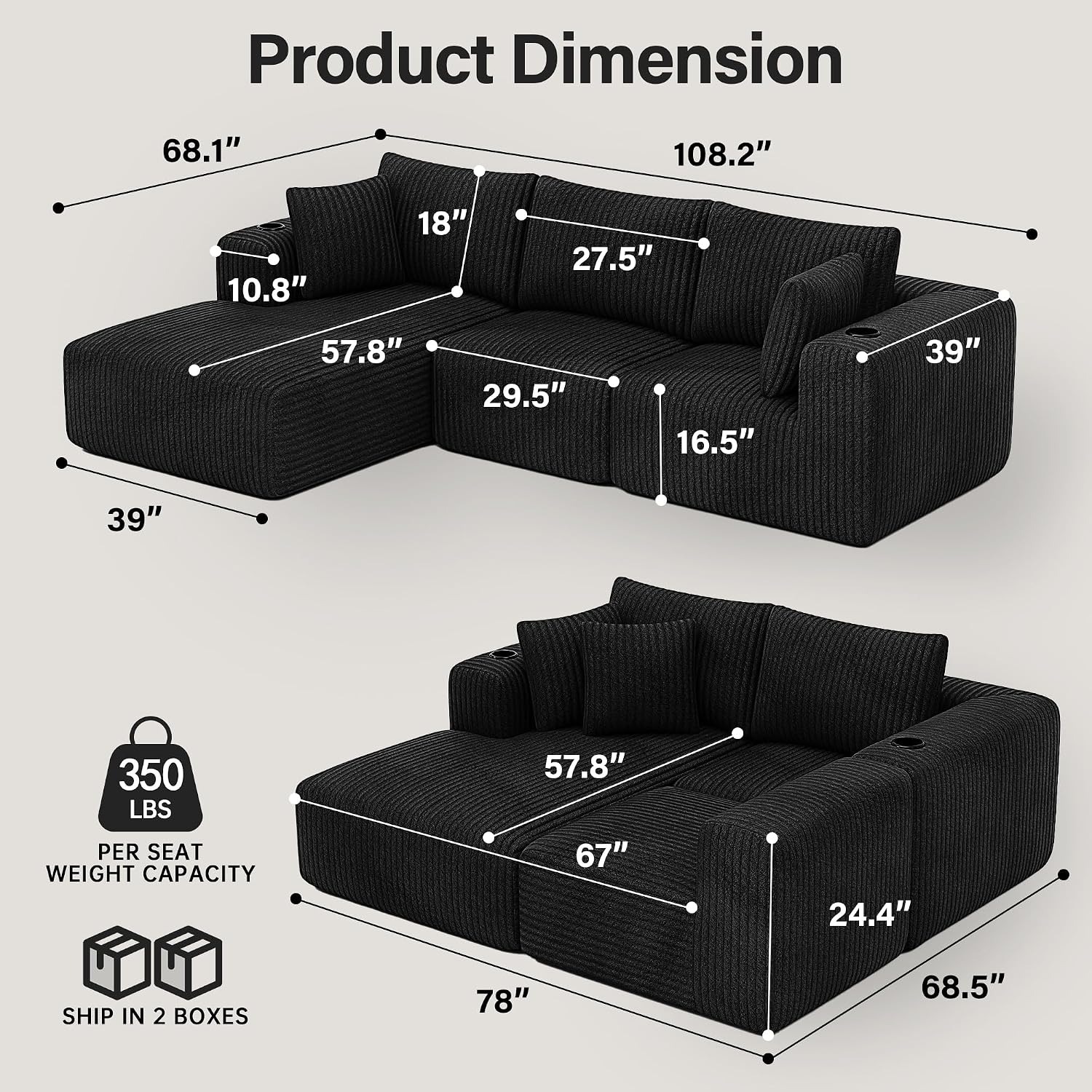 DURASPACE Corduroy L-Shaped Sectional Sofa